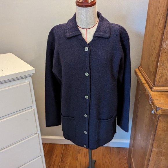 Vintage Karen Scott Size L Cardigan Sweater Duster Pockets Blue Pure Wool Preppy - Picture 1 of 7